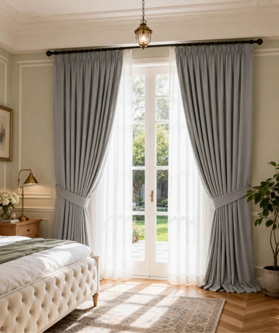 Contemporary Light Grey & White Sheer Curtain Set