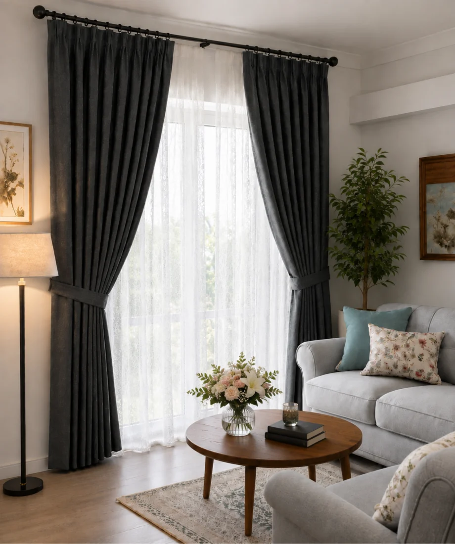 Elegant Grey Velvet & White Sheer Curtain Set