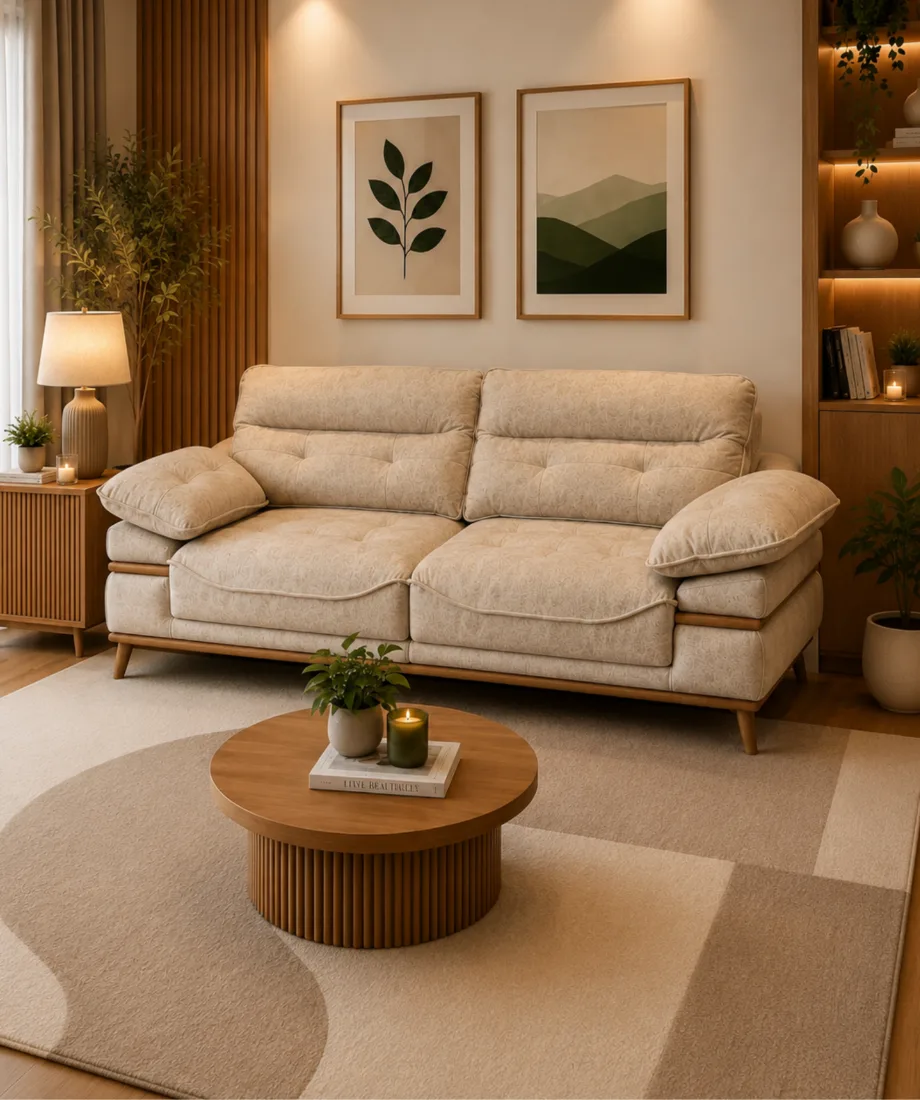 Modern Beige 3 Seater Fabric Sofa