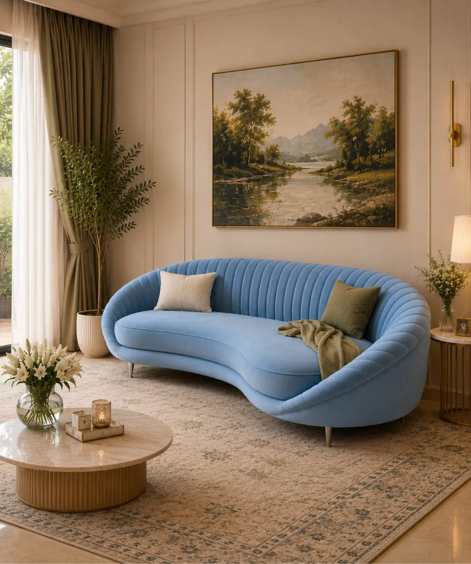 Modern Curved Blue Sofa