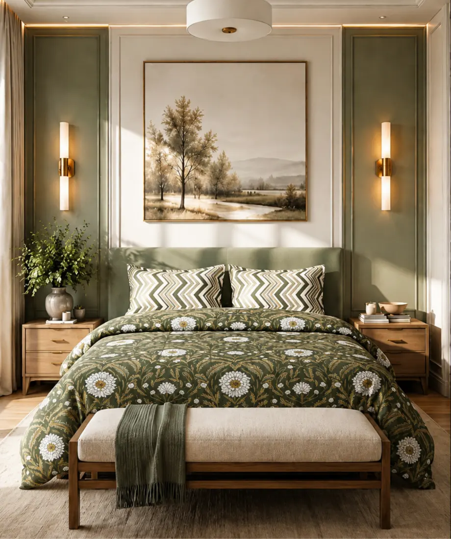 Olive Green Floral Printed Bedsheet