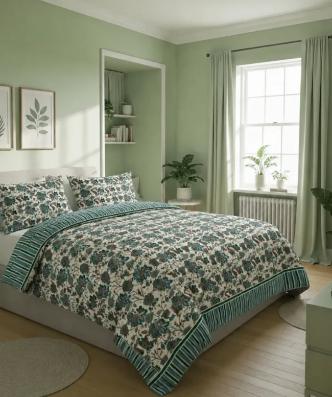 Teal Floral Striped Bedsheet
