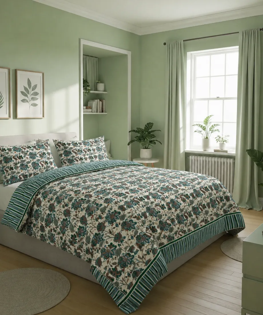 Teal Floral Striped Bedsheet