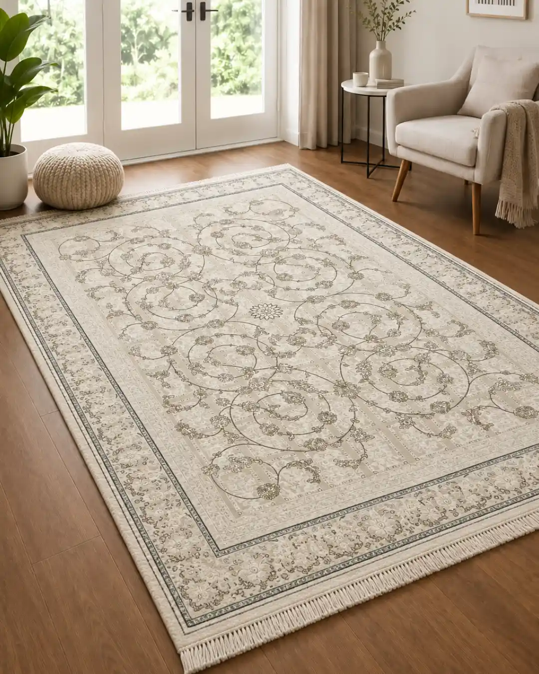 Elegant Ivory Floral Scroll Rug - Image 2
