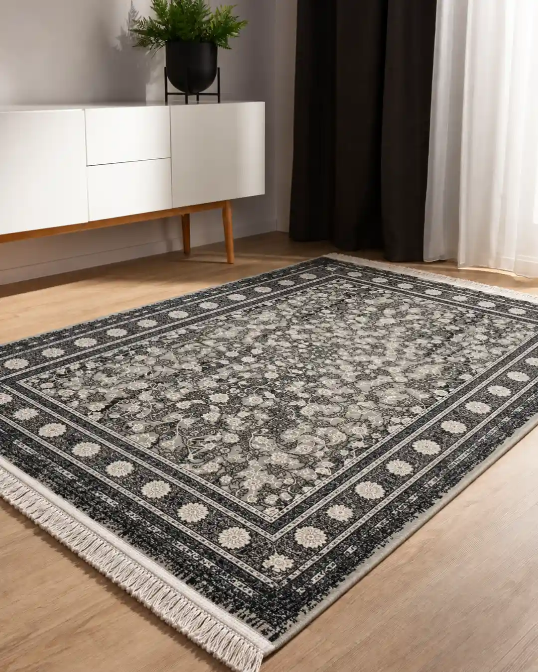 Vintage Black Grey Floral Rug - Image 2
