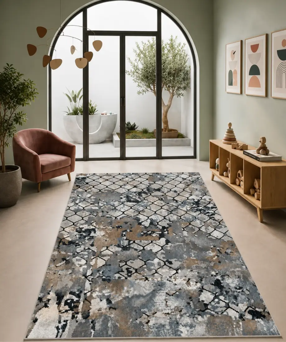 Abstract Gray Beige Trellis Area Rug - Image 2