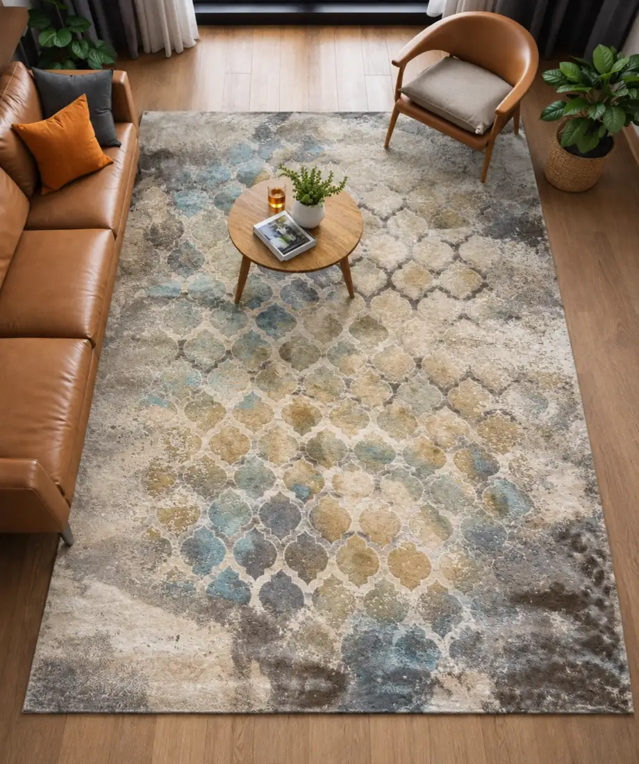 Beige Blue Gold Trellis Rug - Image 2