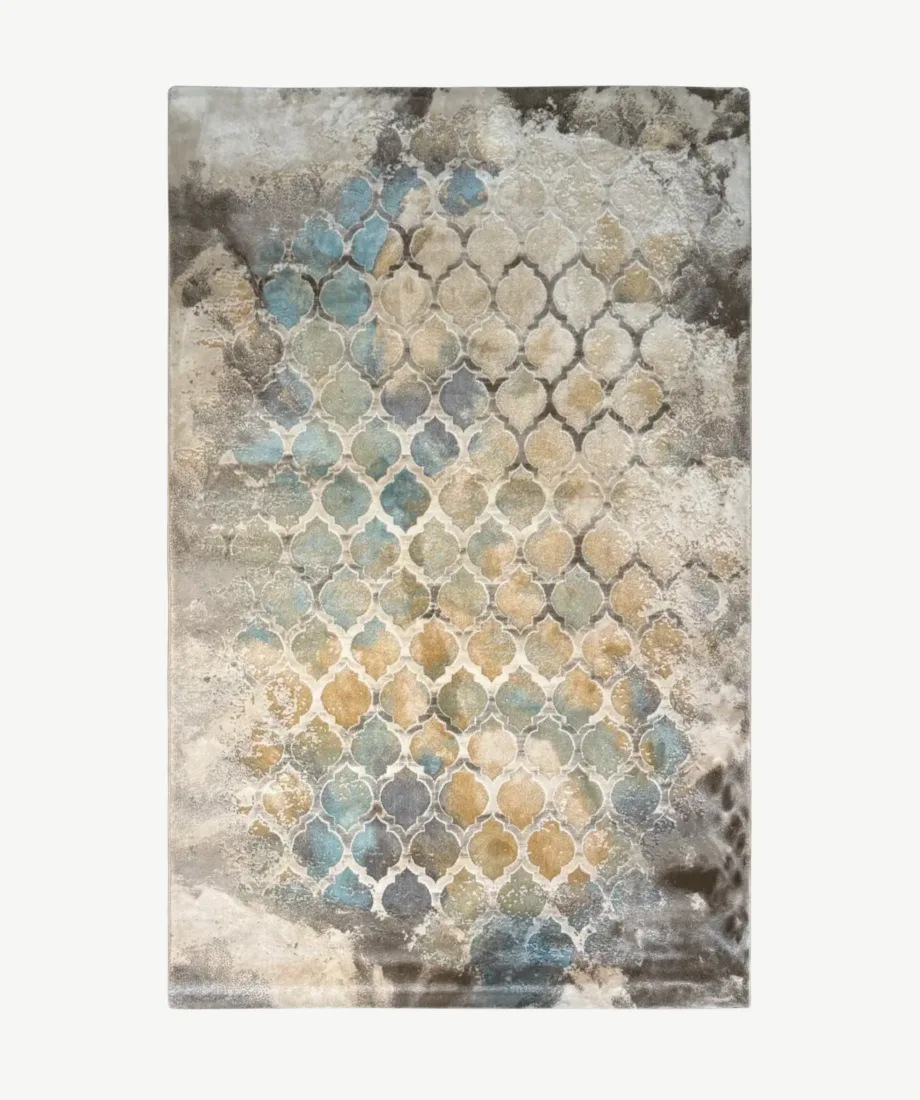 Beige Blue Gold Trellis Rug