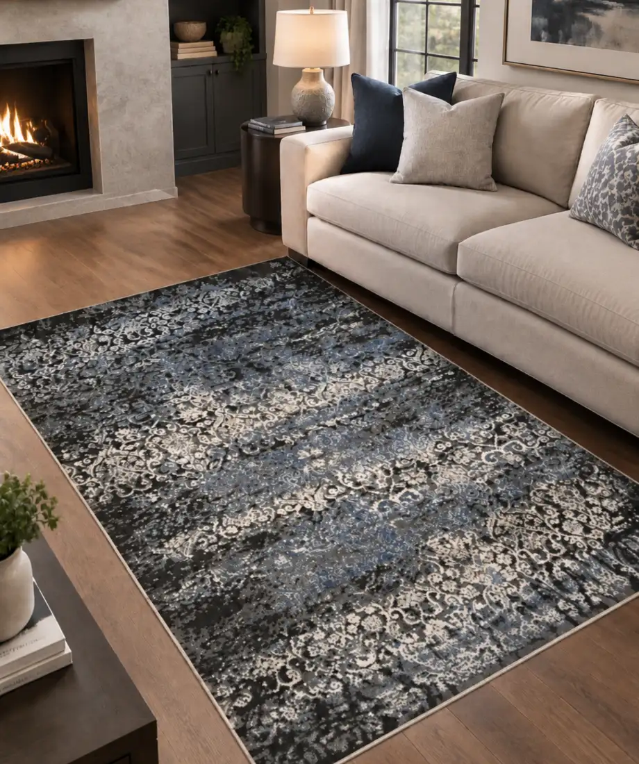 Charcoal Blue Distressed Ornamental Rug - Image 2