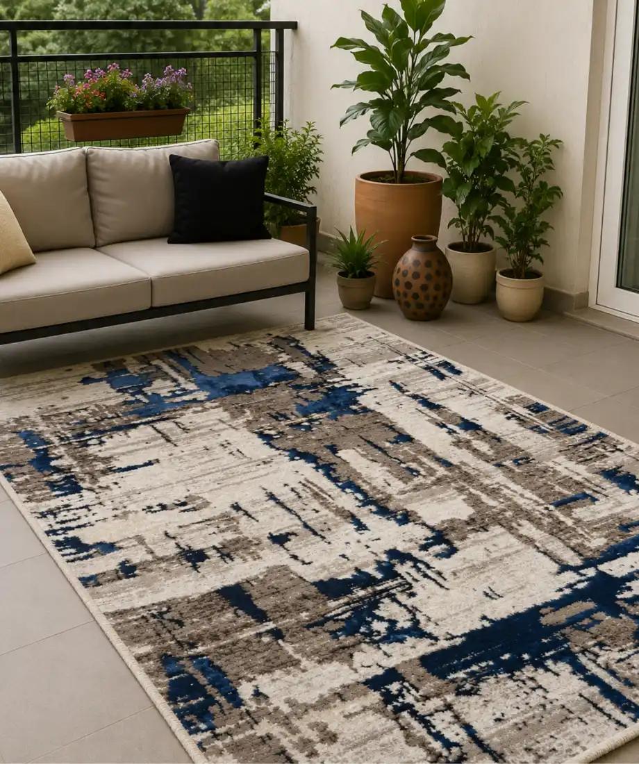 Contemporary Abstract Blue Beige Area Rug - Image 2