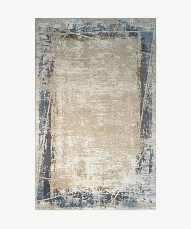 Distressed Beige Blue Border Rug