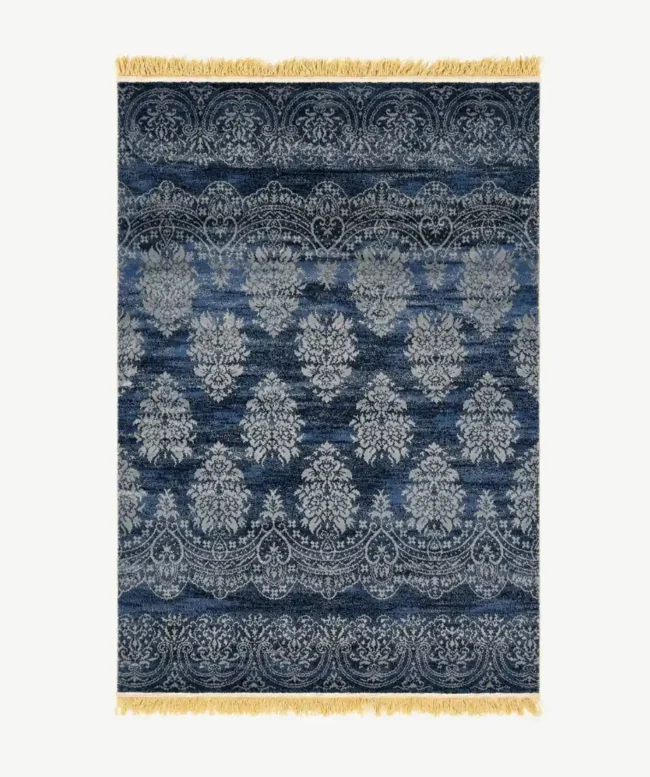 Elegant Navy Damask Pattern Rug