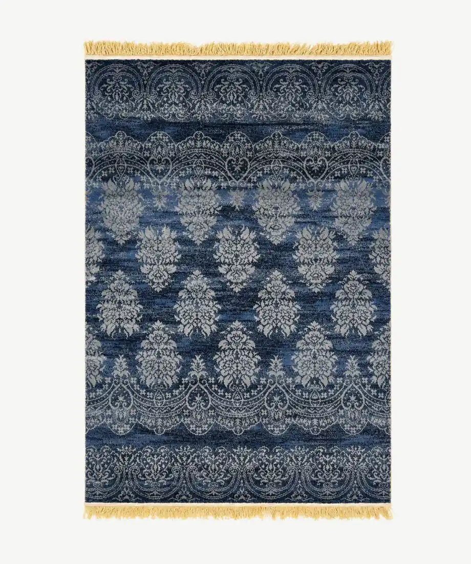 Elegant Navy Damask Pattern Rug