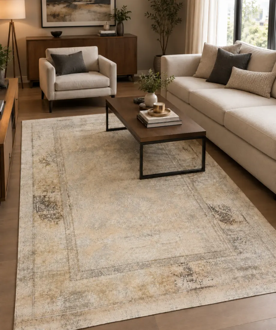 Faded Ivory Blue Ornate Border Rug - Image 2