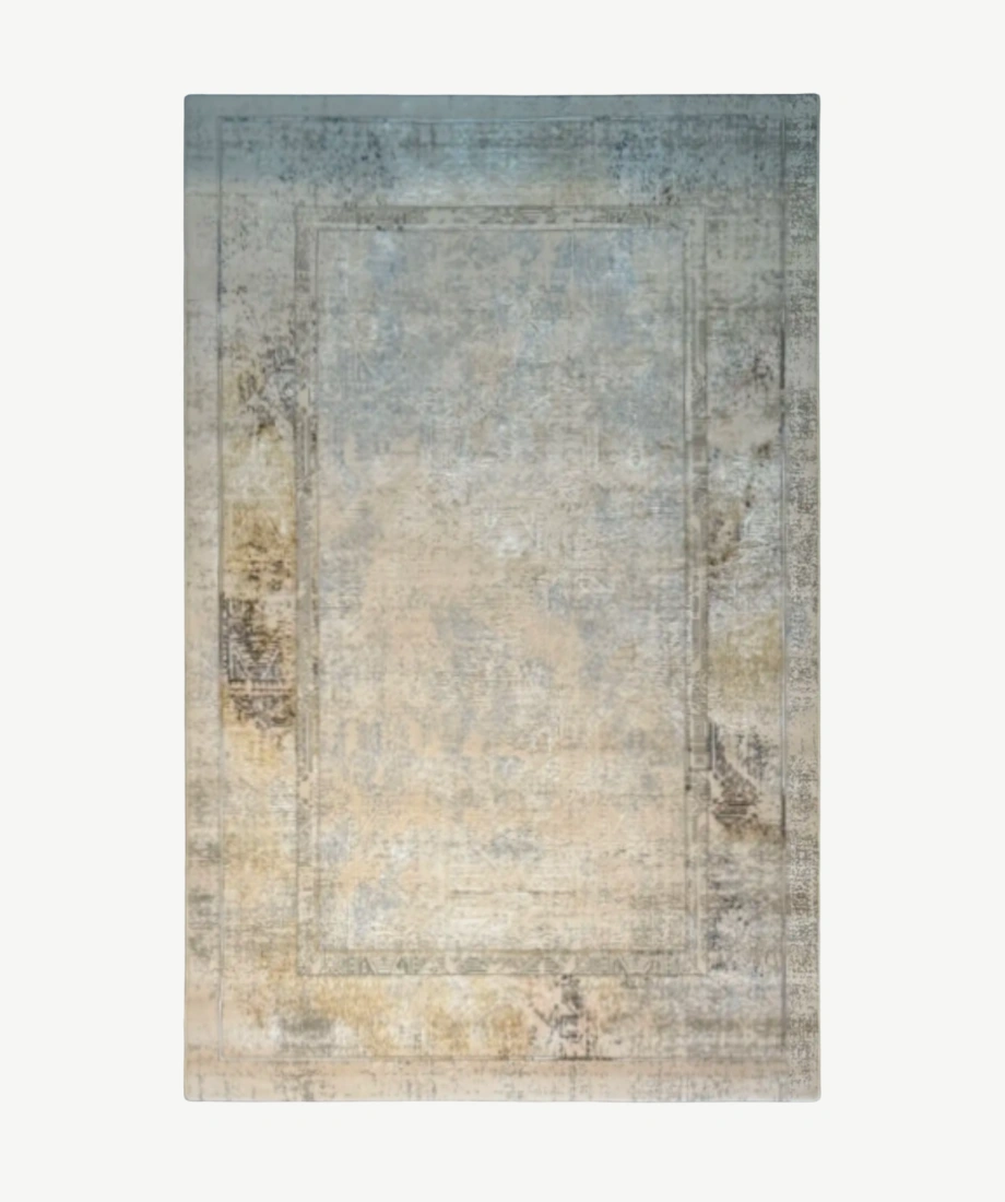 Faded Ivory Blue Ornate Border Rug