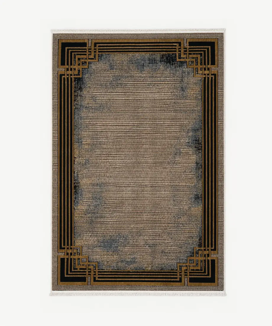 Geometric Black Gold Border Area Rug