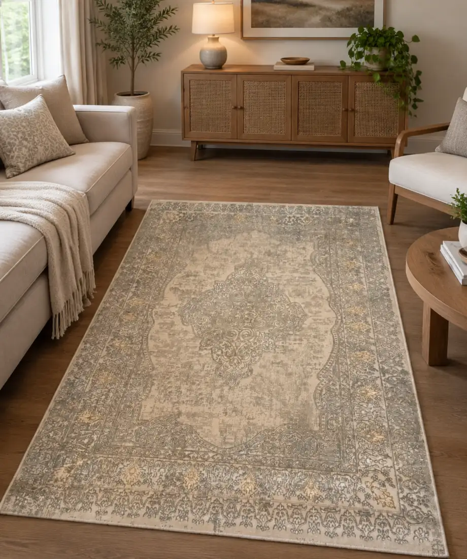 Heritage Beige Gray Medallion Area Rug - Image 2