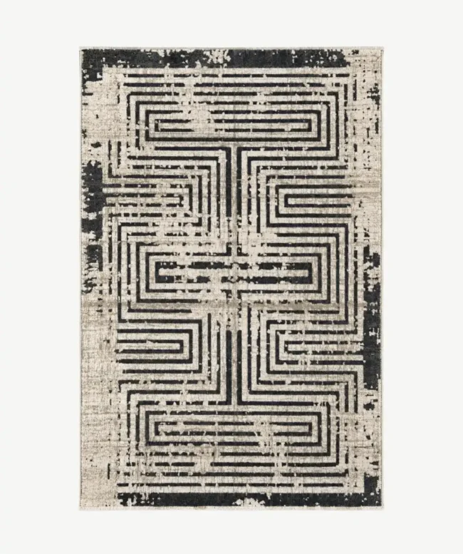 Linear Maze Cream Black Area Rug