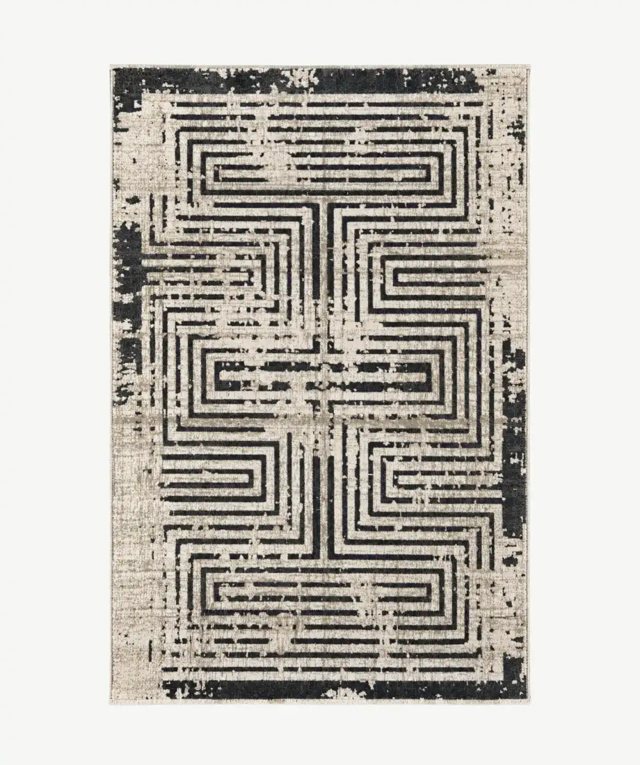 Linear Maze Cream Black Area Rug