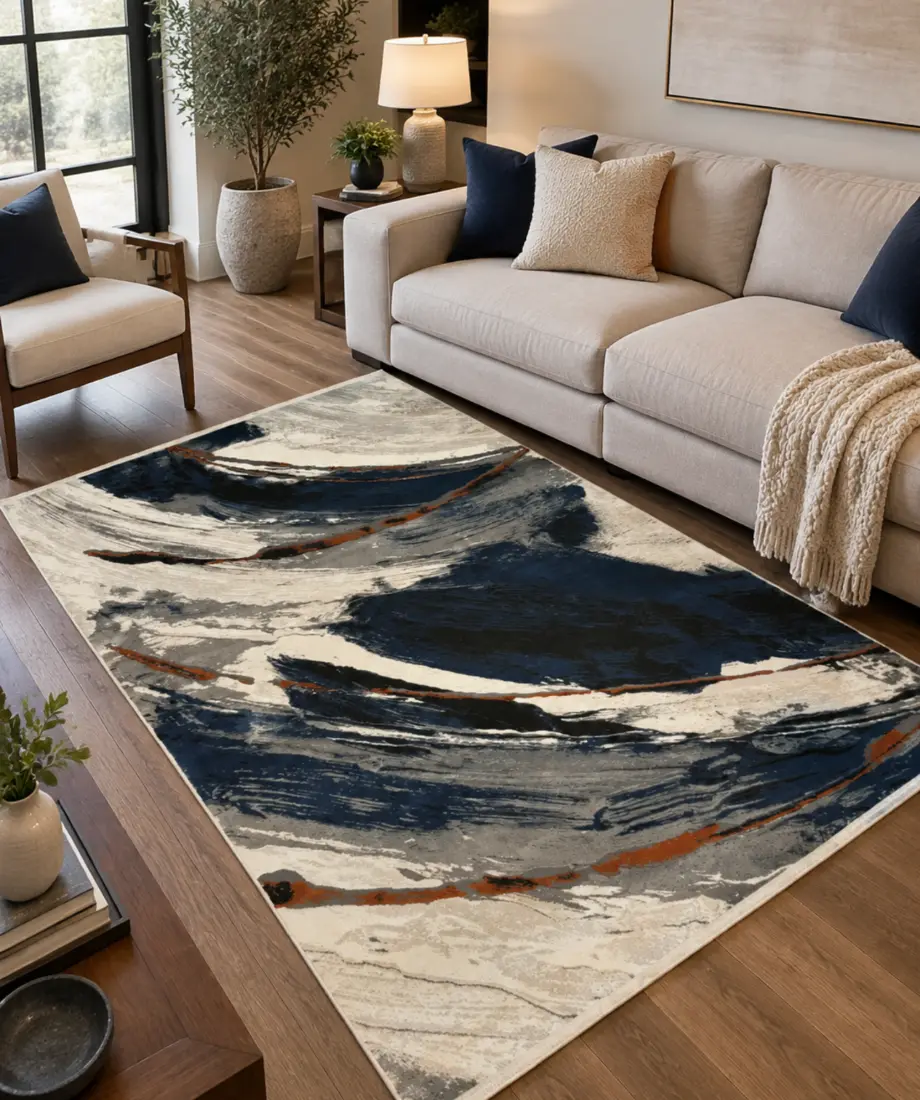Navy Ivory Contemporary Flow Rug - Image 2