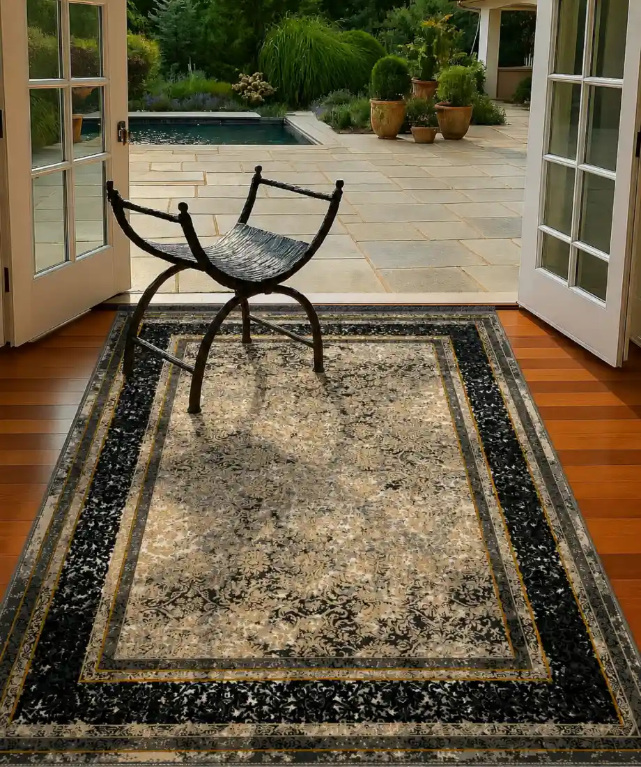 Vintage Black Gold Pattern Rug - Image 2