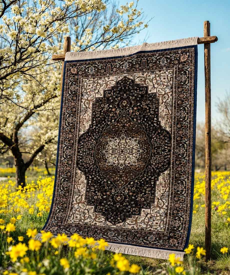 Black Cream Floral Turkish Rug - Image 2