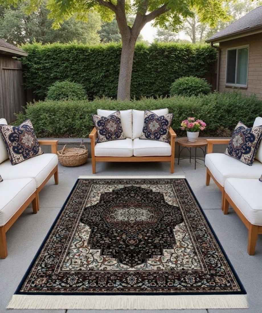 Black Cream Floral Turkish Rug - Image 3