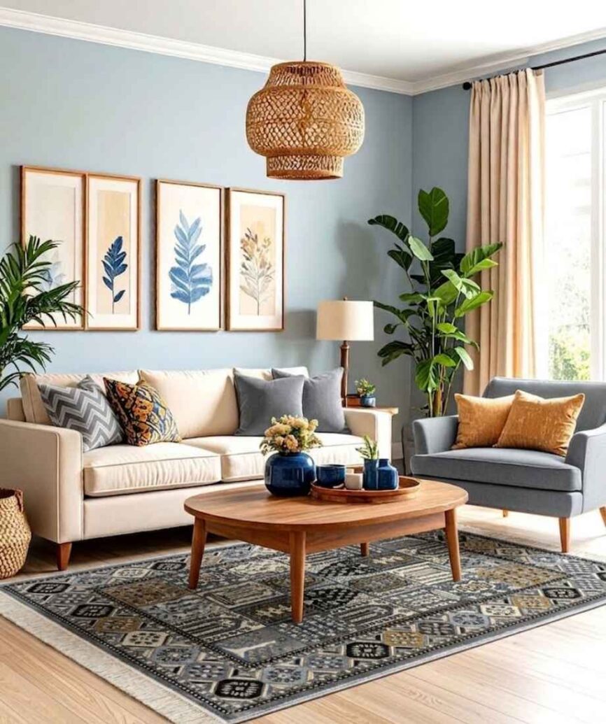 Blue Beige Panel Turkish Rug - InamCarpets