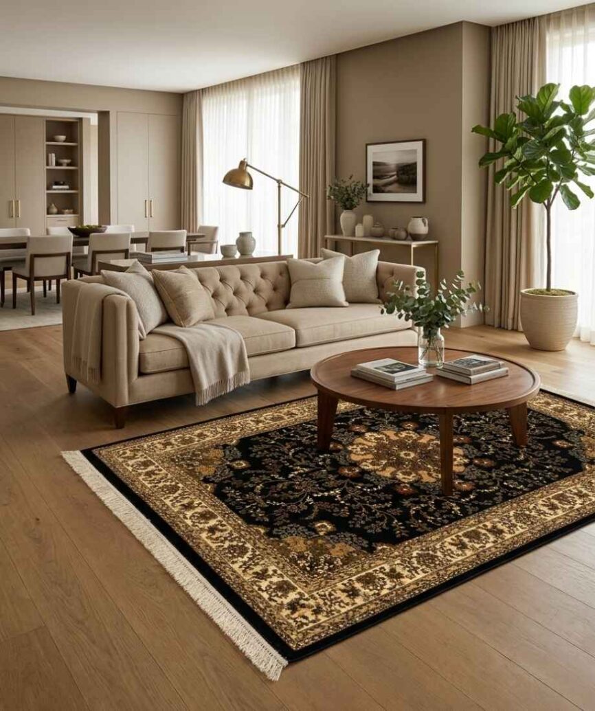 Cream Black Medallion Pakistani Olympia Rug - InamCarpets
