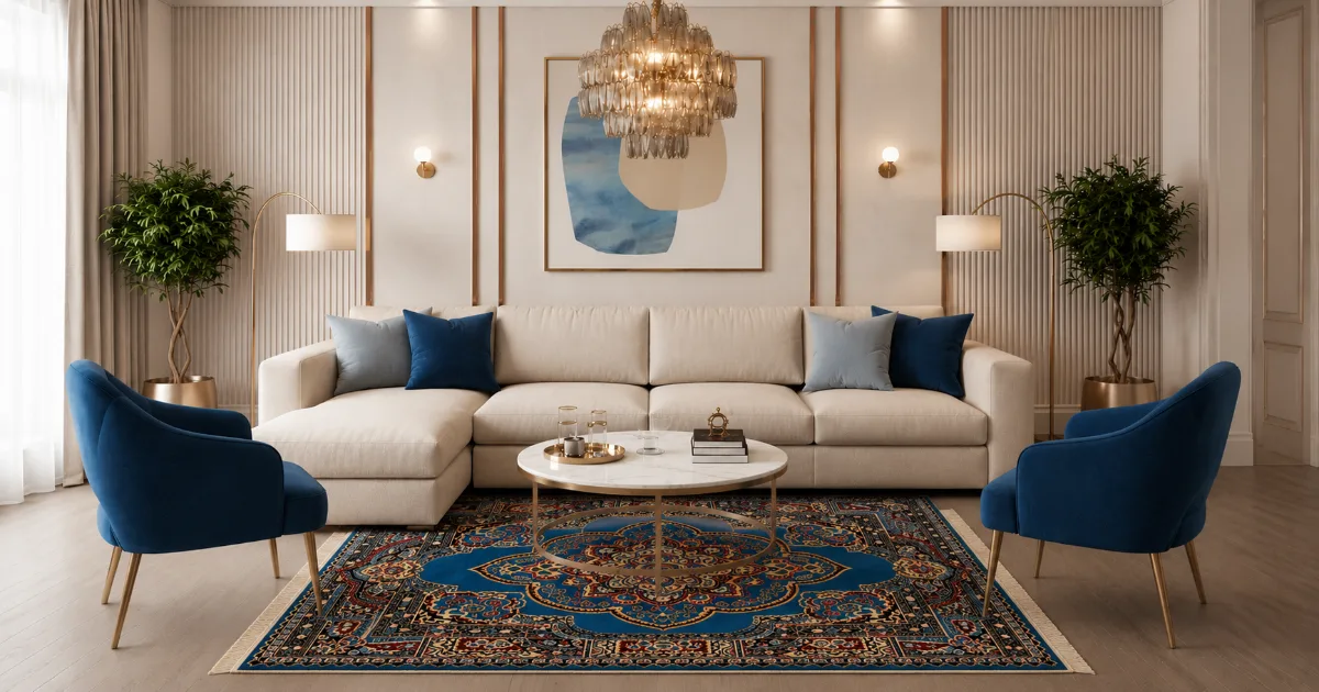 Correct placement of a luxury Inam rug in a living room sizing guide