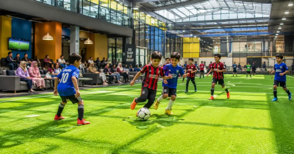 All weather indoor sports turf with children playing football
