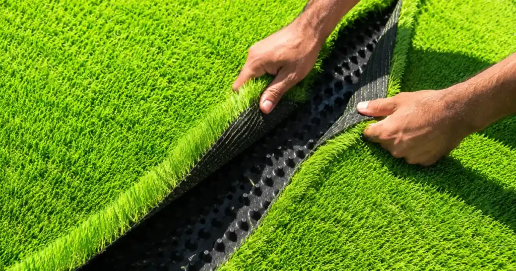 Artificial grass drainage holes and backing layout