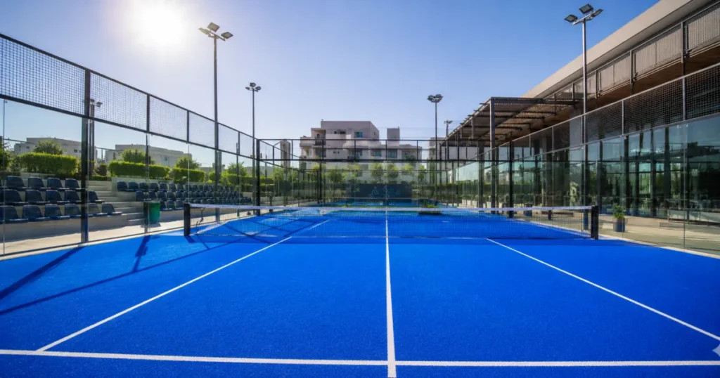 Blue turf for padel tennis in a commercial glass court