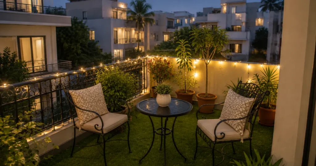 Cozy balcony with artificial grass