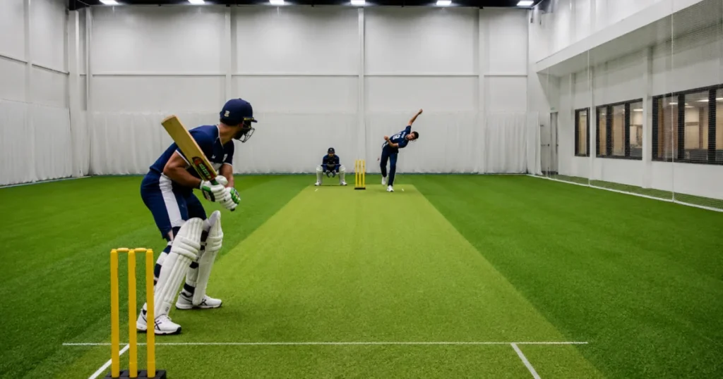 Durable cricket turf pitch in an indoor practice facility