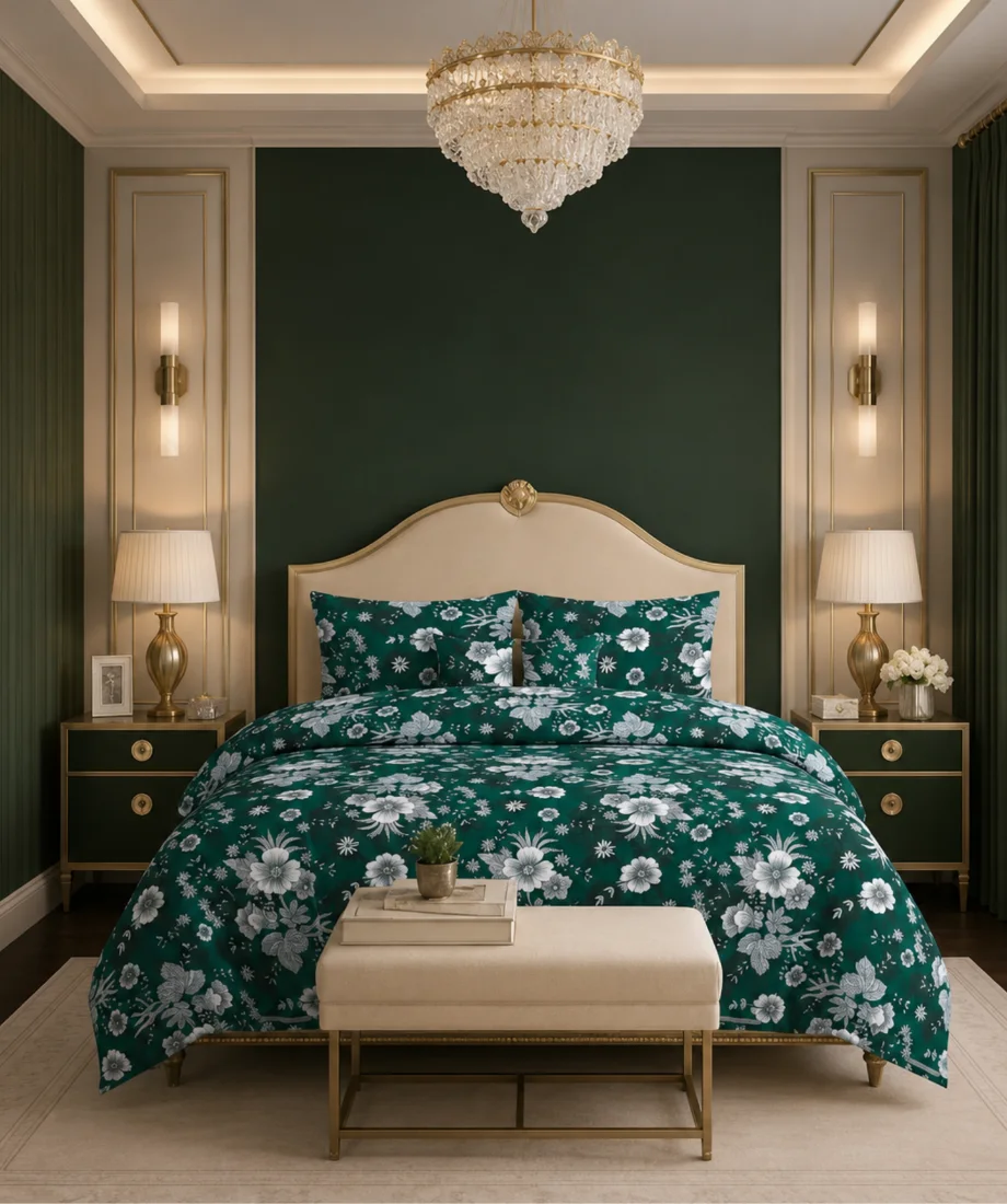 Green Floral Printed Bedsheet