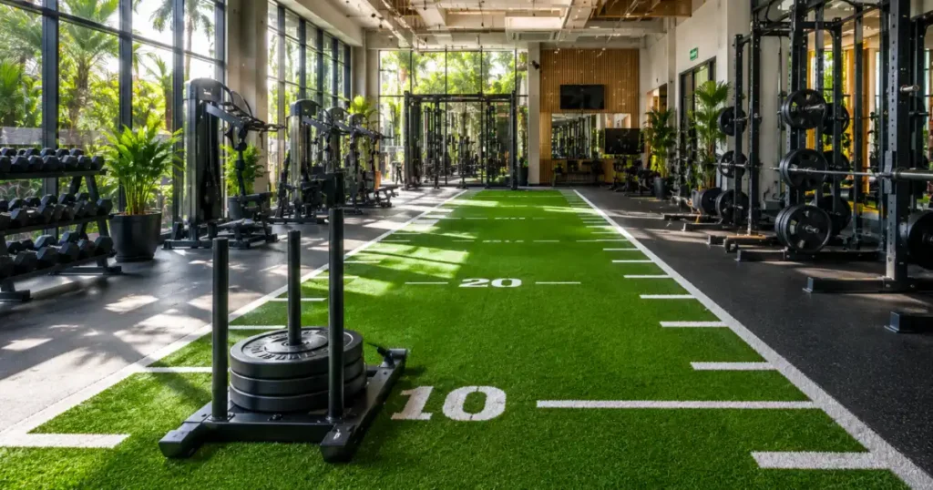 Green sports turf in a gym