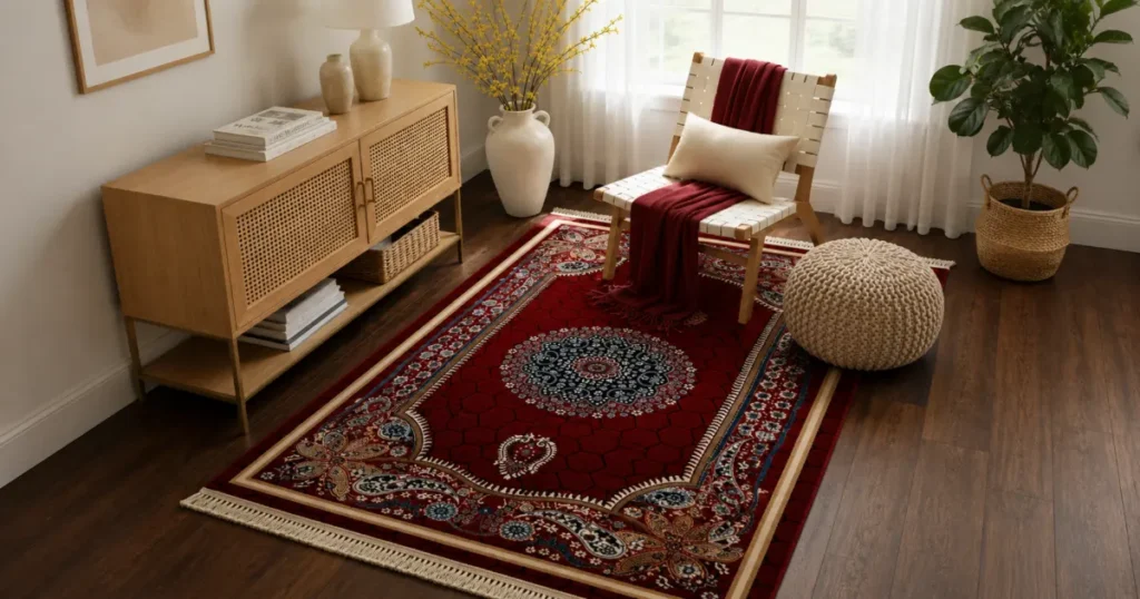 Matching traditional red rug in a cozy bedroom setup for home decor