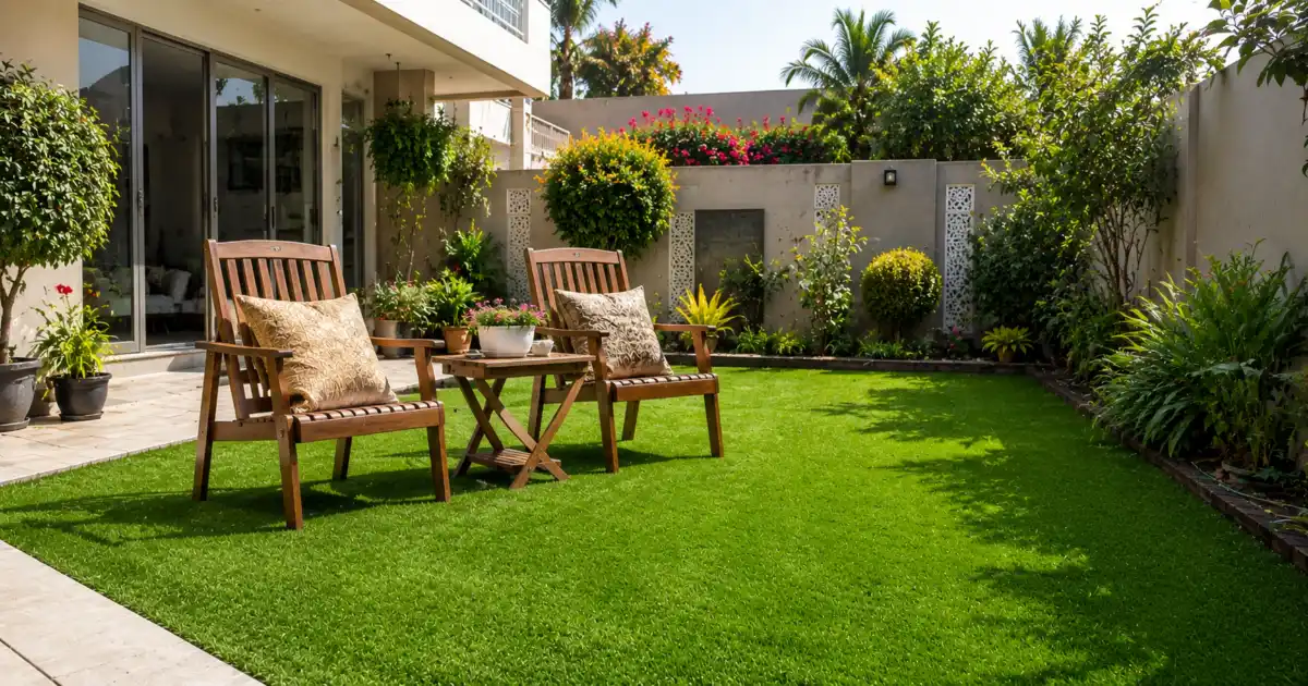 Modern house lawn with artificial grass
