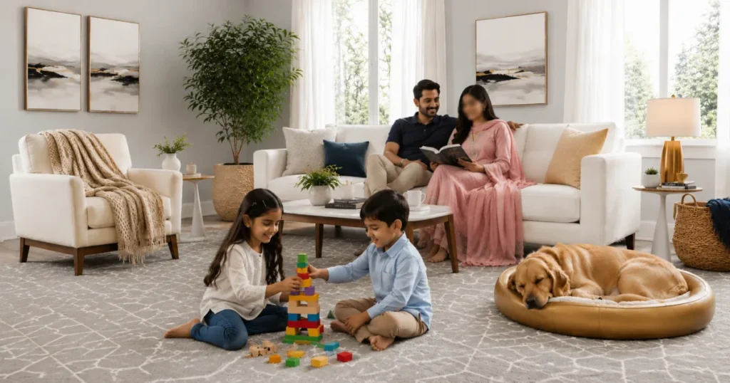 Modern wall to wall carpet flooring in a family lounge