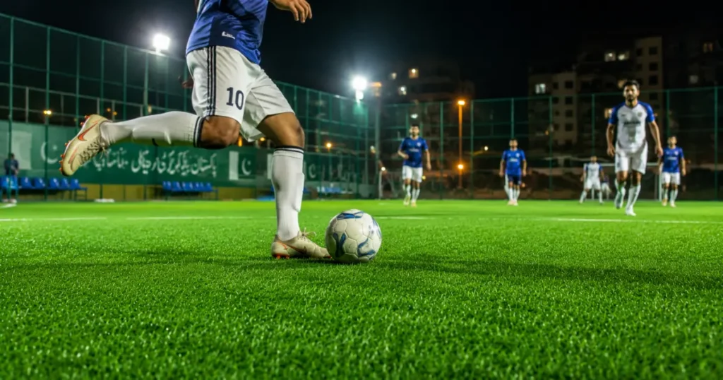 Professional football turf field with players during a match