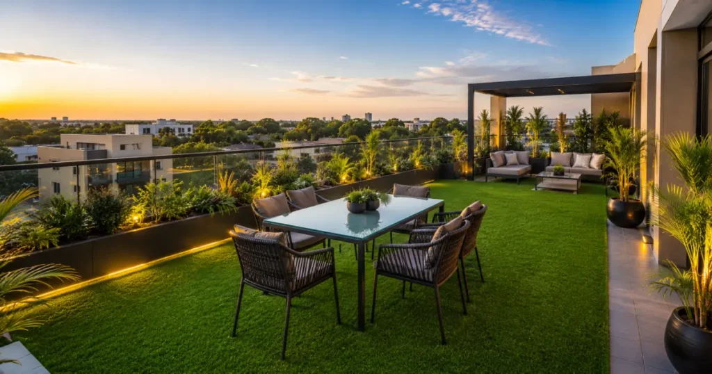 Rooftop artificial grass layout with dining table and chairs