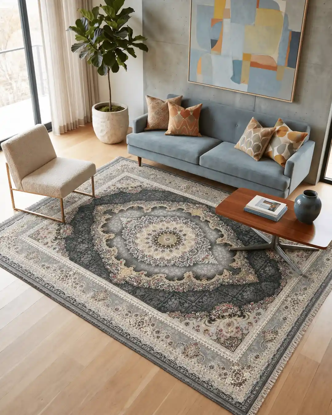 Ornate Charcoal Grey Medallion Rug - Image 2